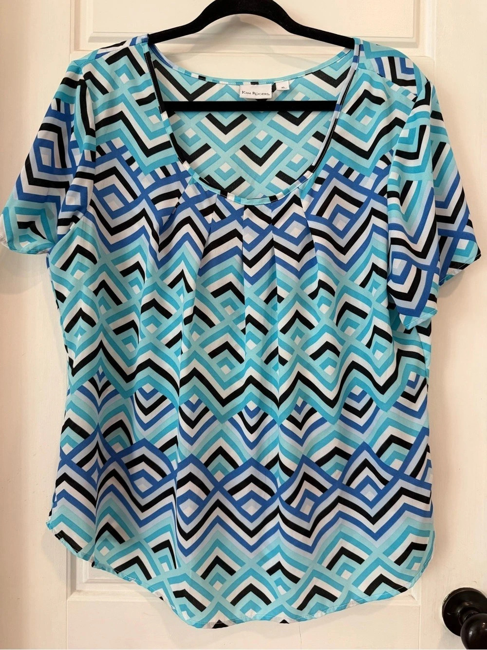 Kim Rogers Geometric Blouse in Blue & White Size XL Like New
